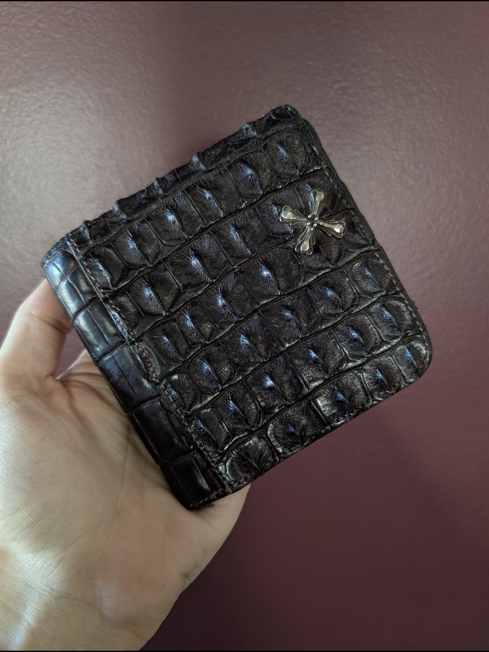 SOFFER ARI Real Crocodile 925 Sterling Silver Cross Exotic Leather Bifold Wallet
